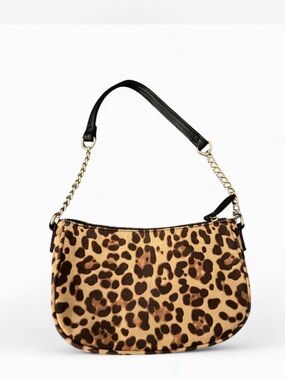 Leopard Print Shoulder Bag with Chain Strap - Black & Brown